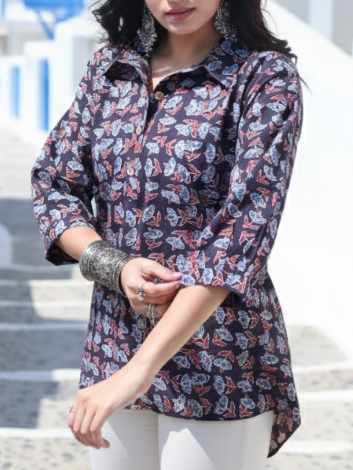 Black Ajrakh Cotton Collar Shirt Top | Artisan Power Dressing