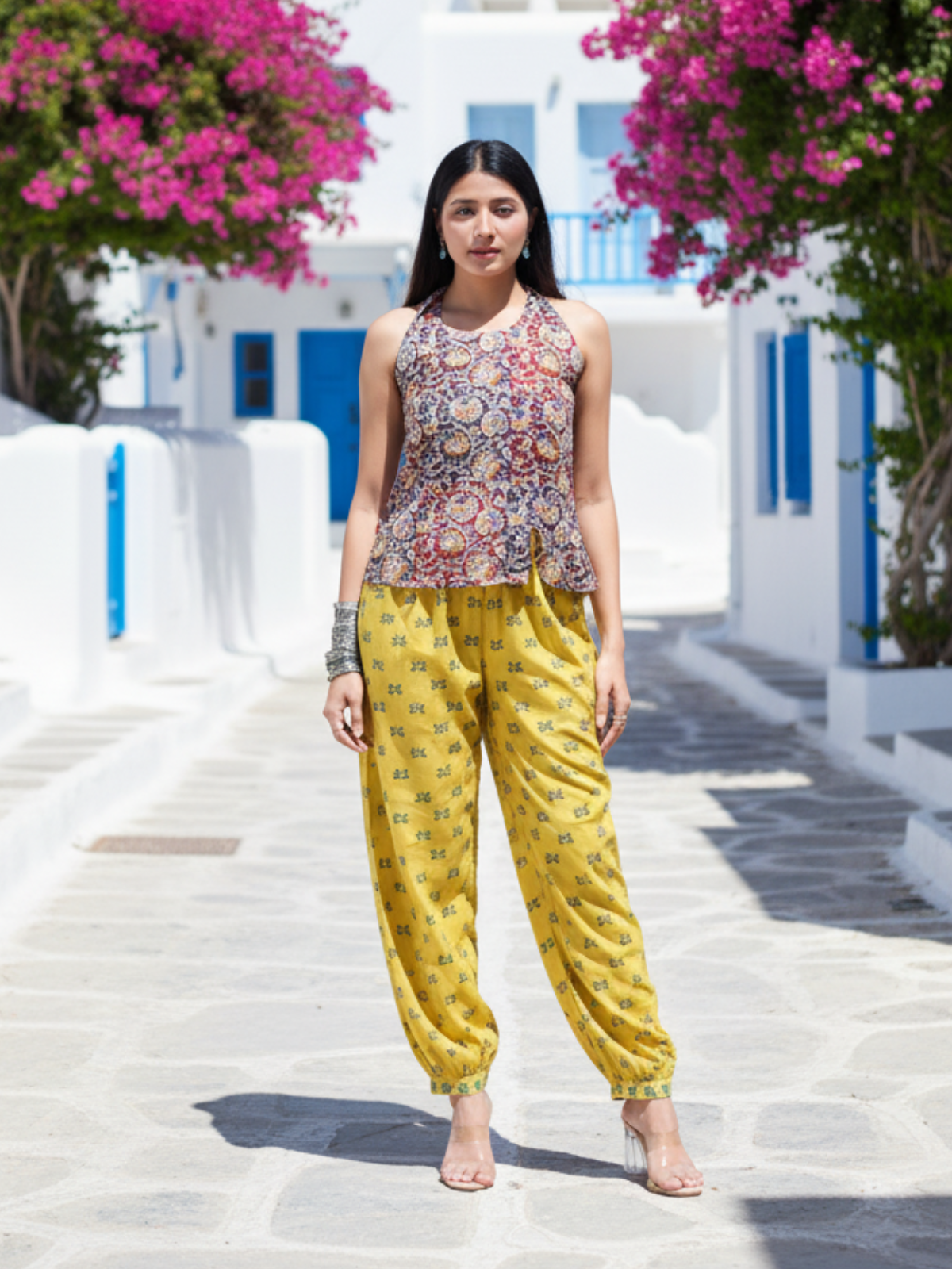 Yellow Patiala Salwar | Mustard Ajrakh Floral Print Bottoms