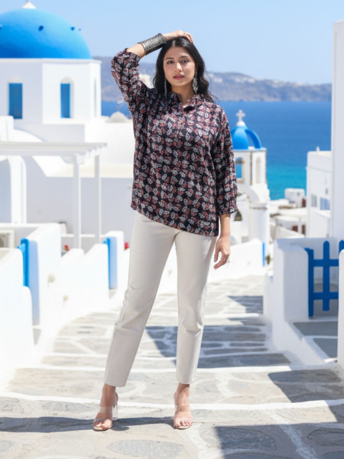 Black Ajrakh Cotton Collar Shirt Top | Artisan Power Dressing