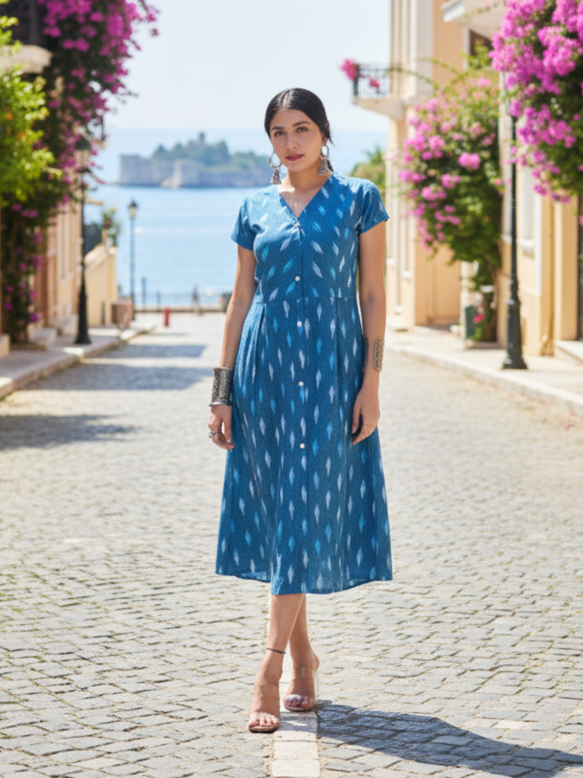 Blue Cotton Ikat One-Piece Dress | Handwoven Pattern Day Wear