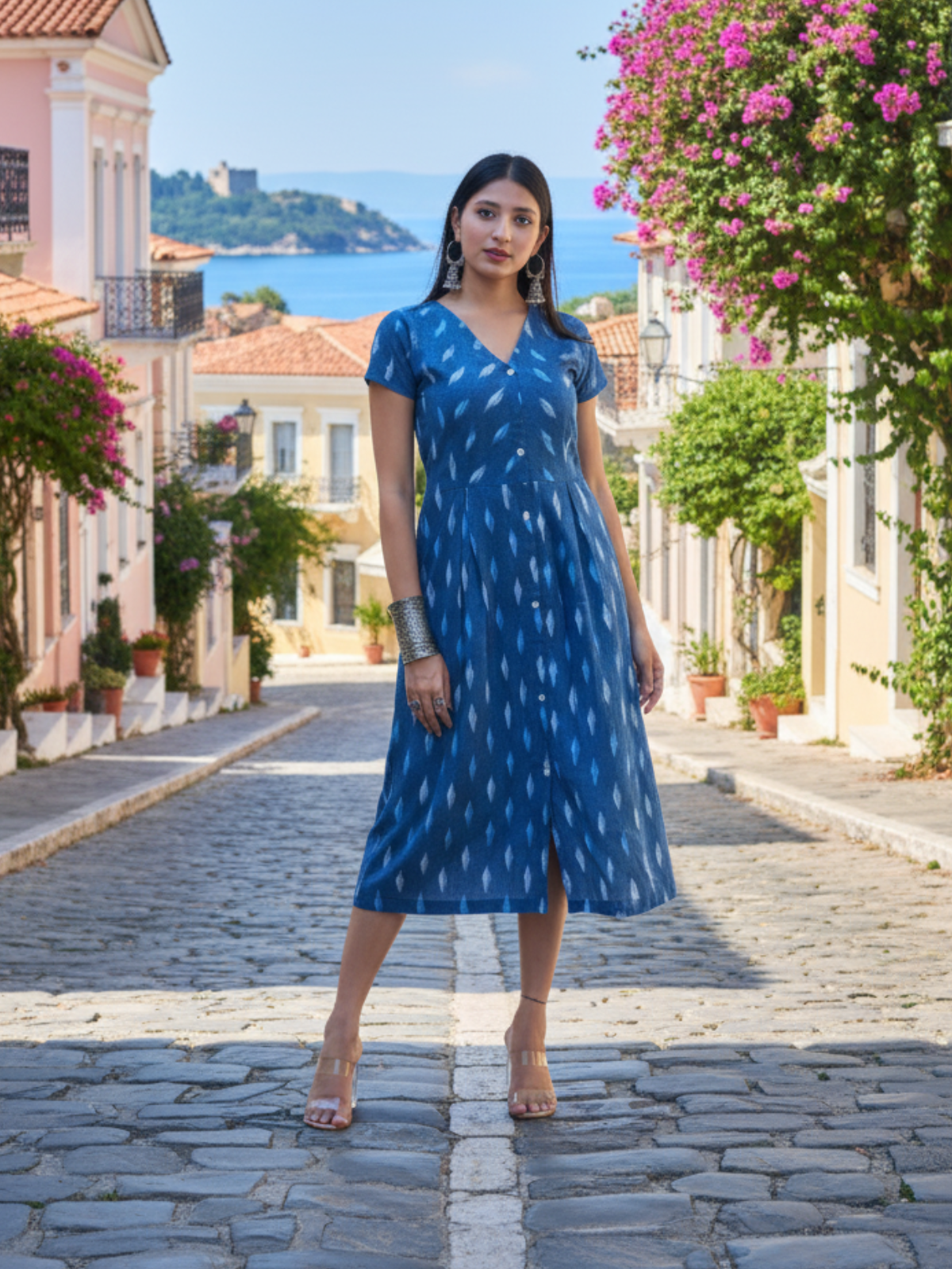 Blue Cotton Ikat One-Piece Dress | Handwoven Pattern Day Wear