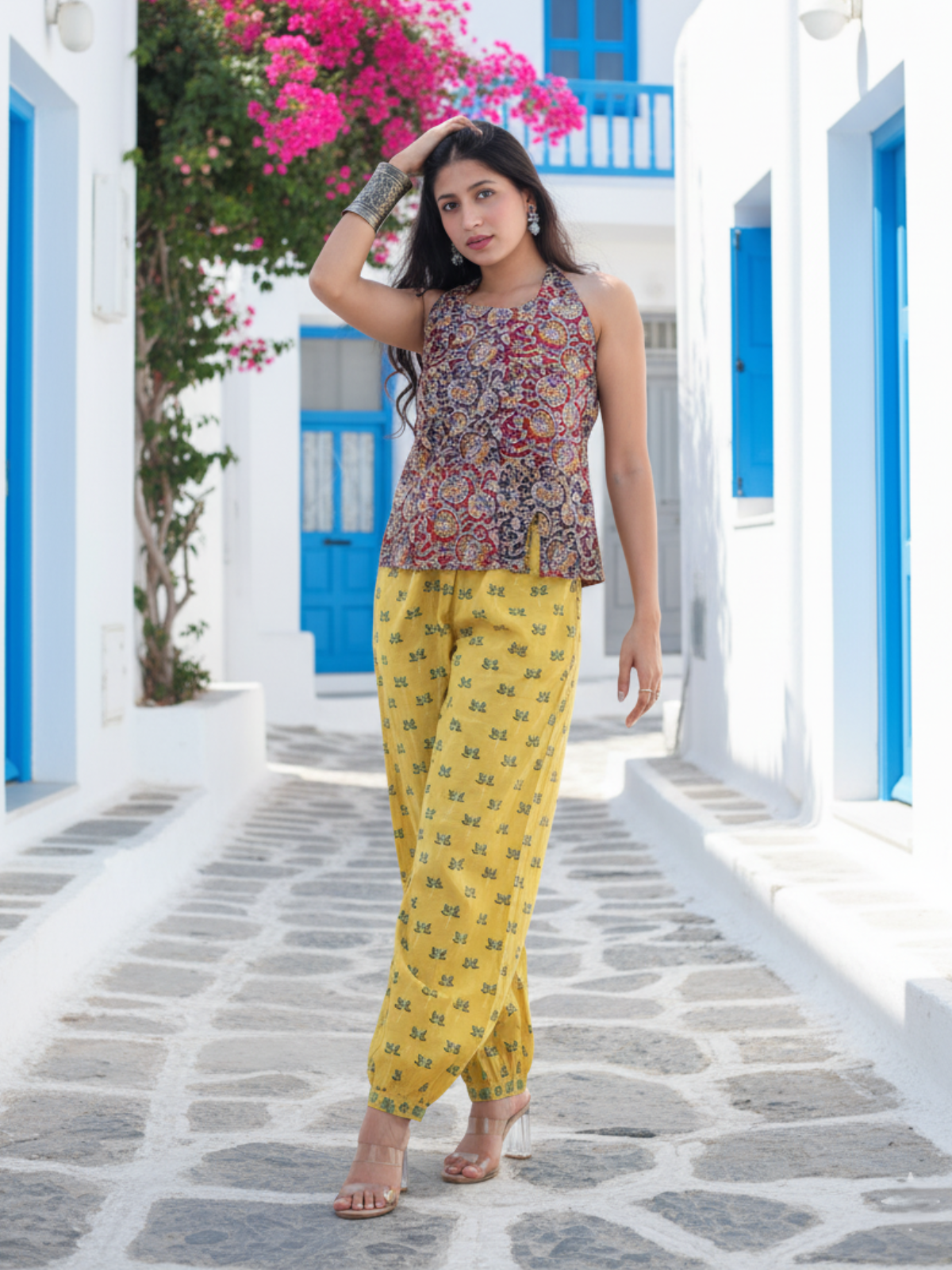Yellow Patiala Salwar | Mustard Ajrakh Floral Print Bottoms