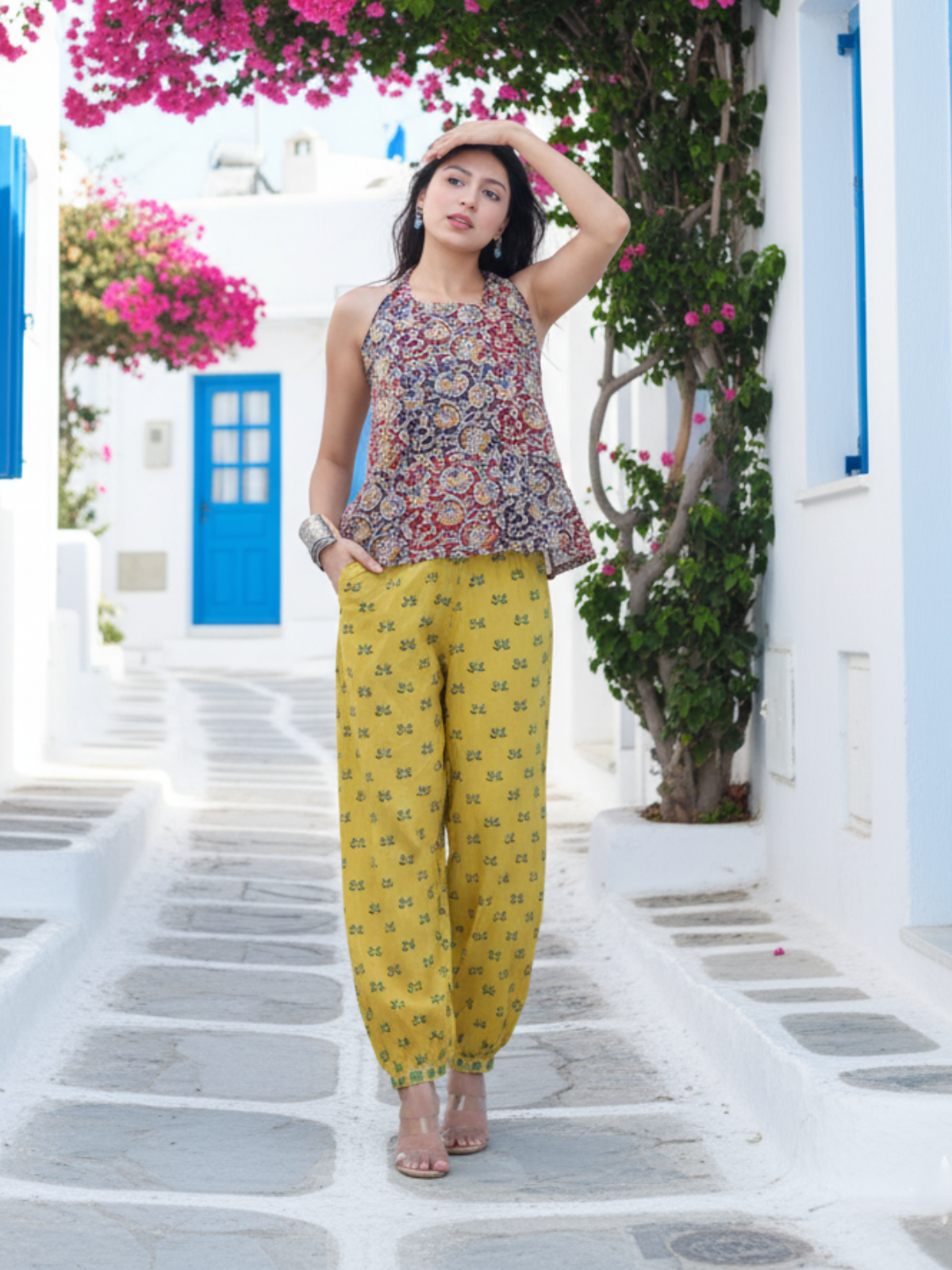 Yellow Patiala Salwar | Mustard Ajrakh Floral Print Bottoms