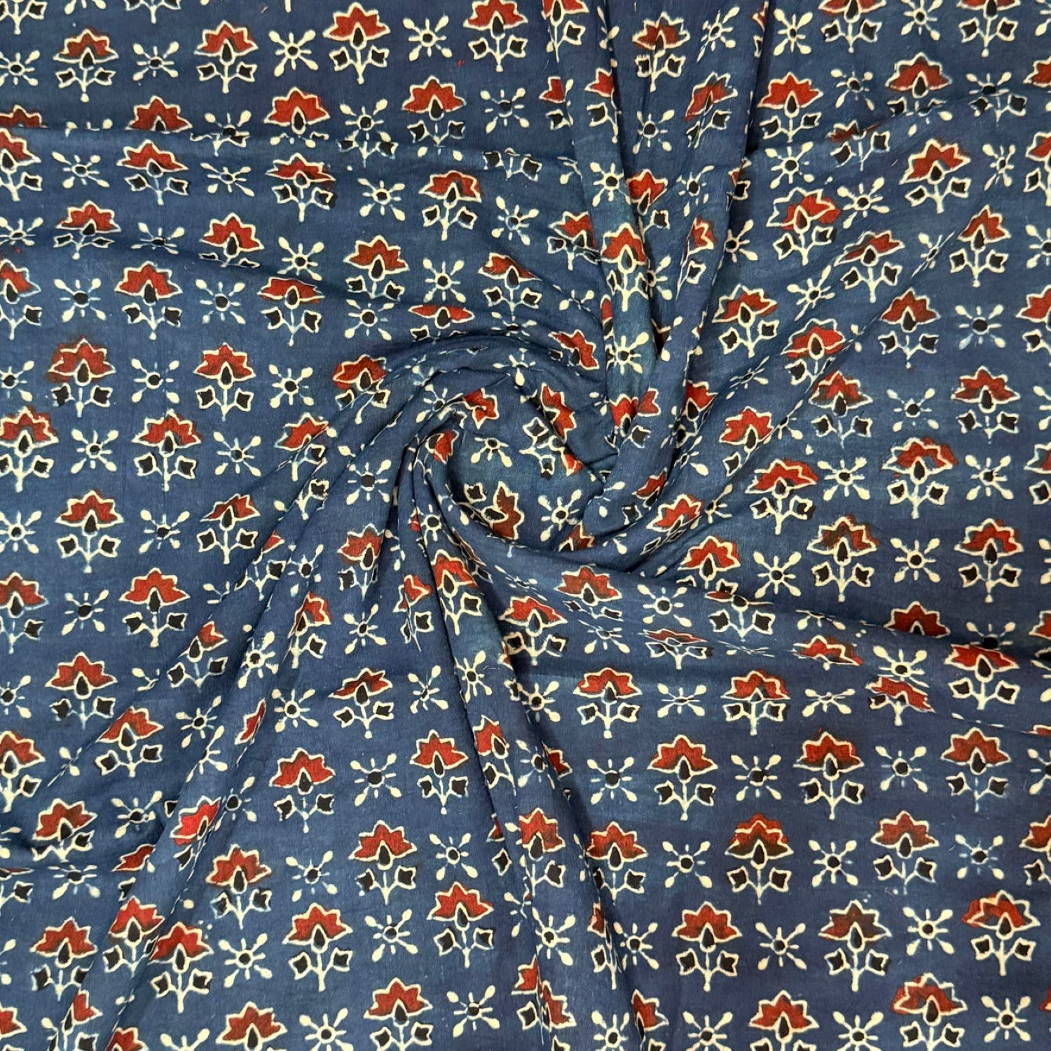 Blue Floral Ajrakh Handblock Cotton Fabric - Pure Cotton Material