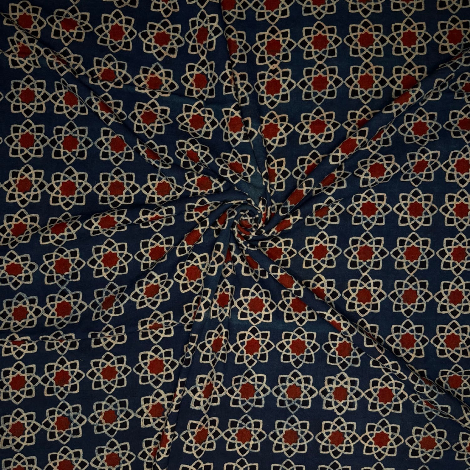 Blue Star Abstract Ajrakh Handblock Printed Cotton Fabric