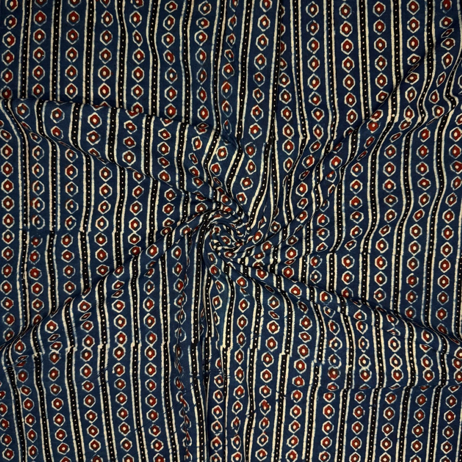 Blue Stripes Ajrakh Handblock Printed Cotton Fabric