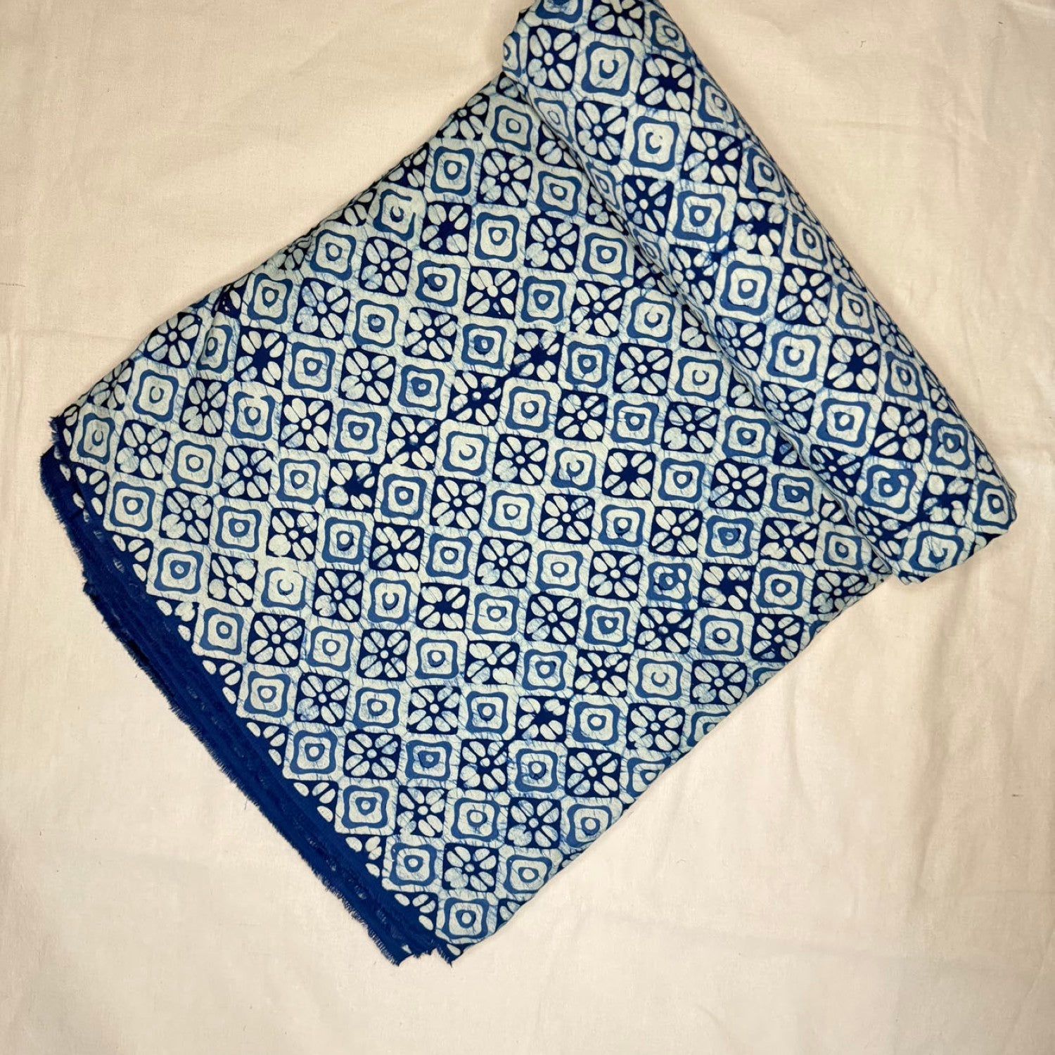 Batik Blue Indigo Handblock Printed Cotton Satin Fabric