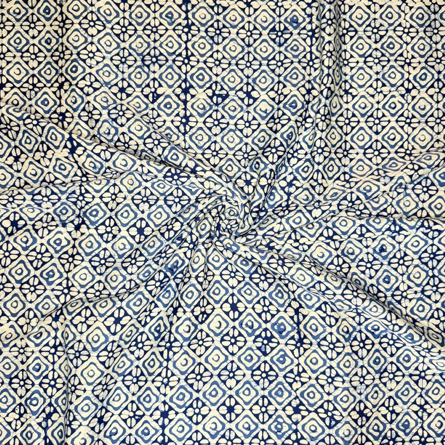 Batik Blue Indigo Handblock Printed Cotton Satin Fabric