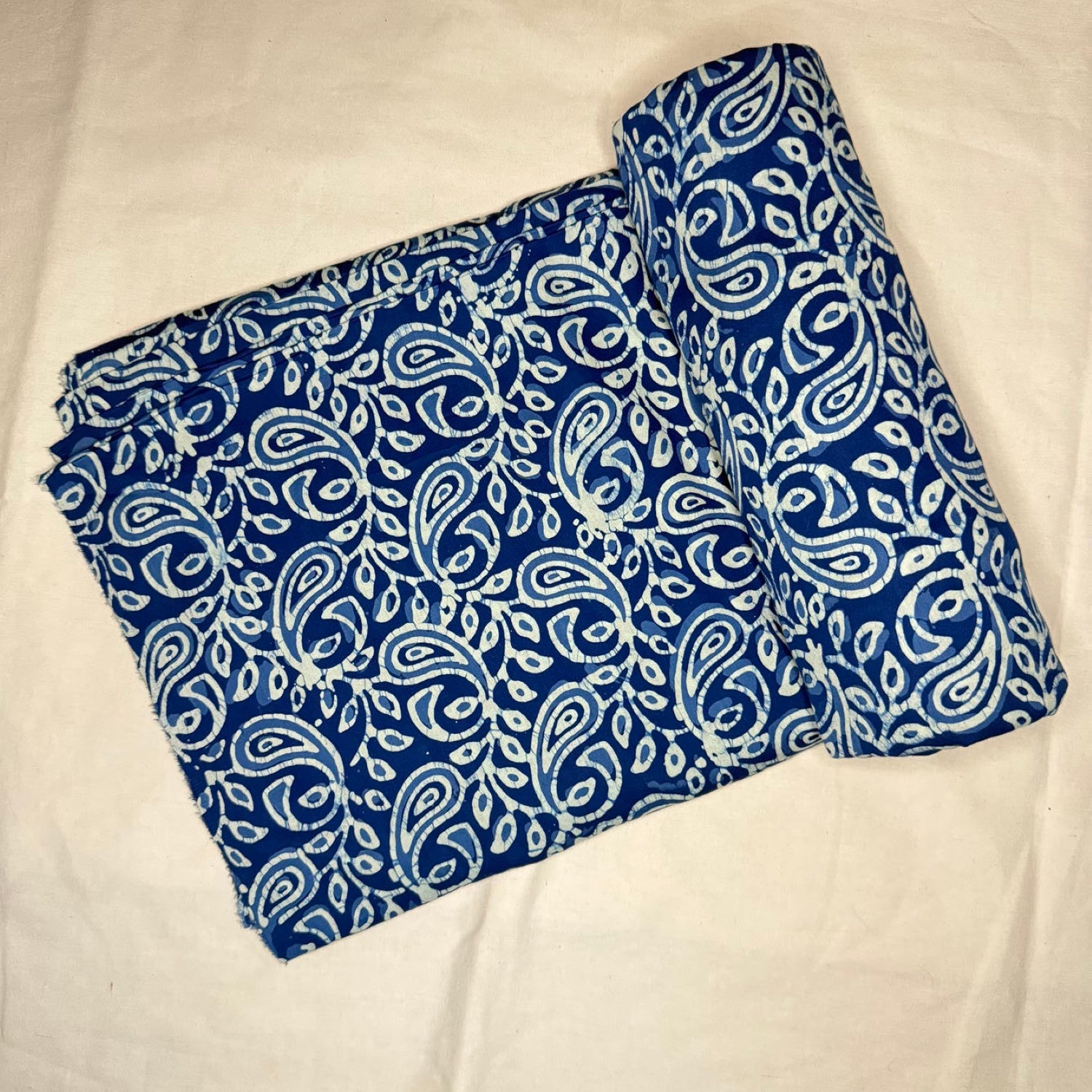 Batik Floral Blue Indigo Handblock Printed Cotton Satin Fabric
