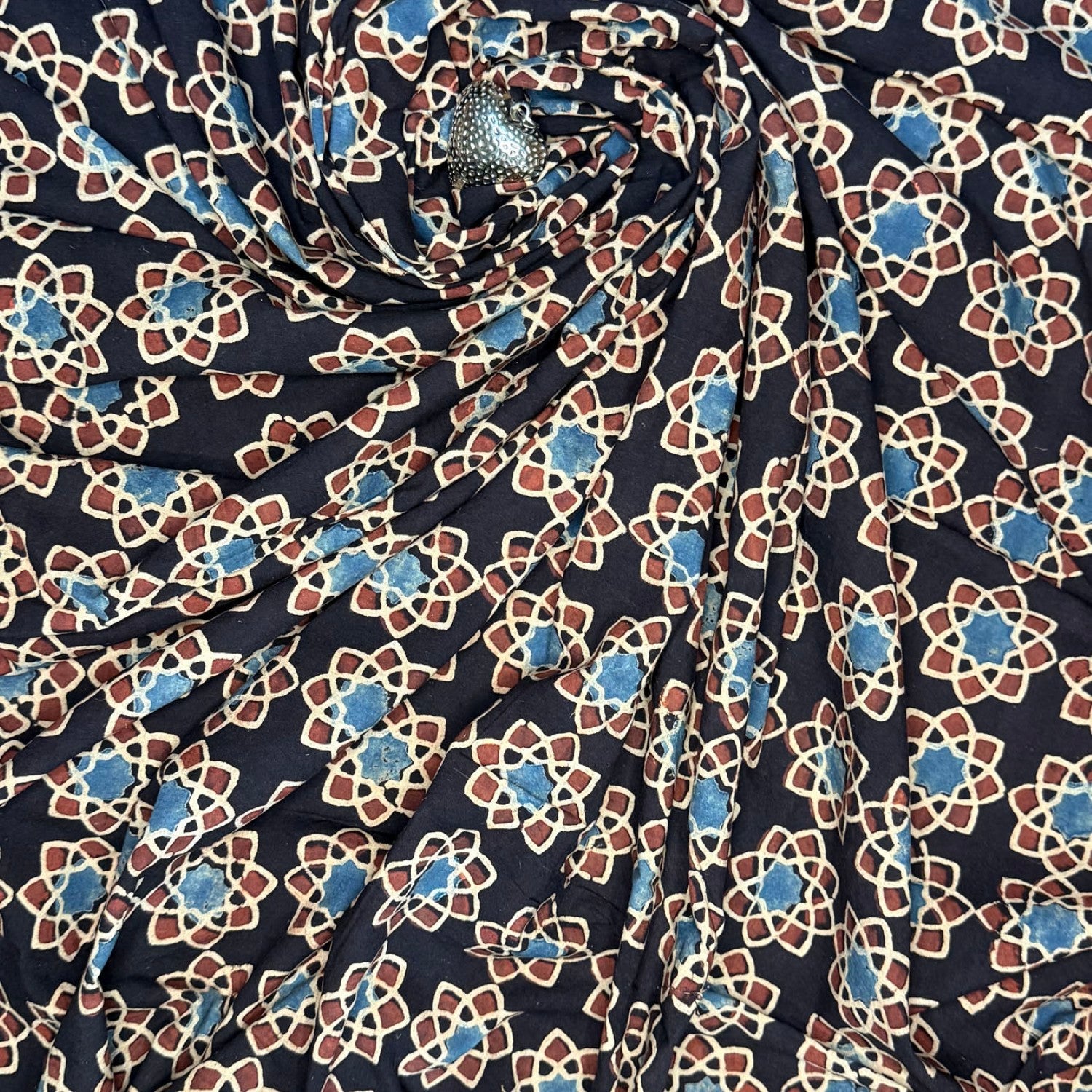 Black Geometric Ajrakh Handblock Printed Cotton Fabric