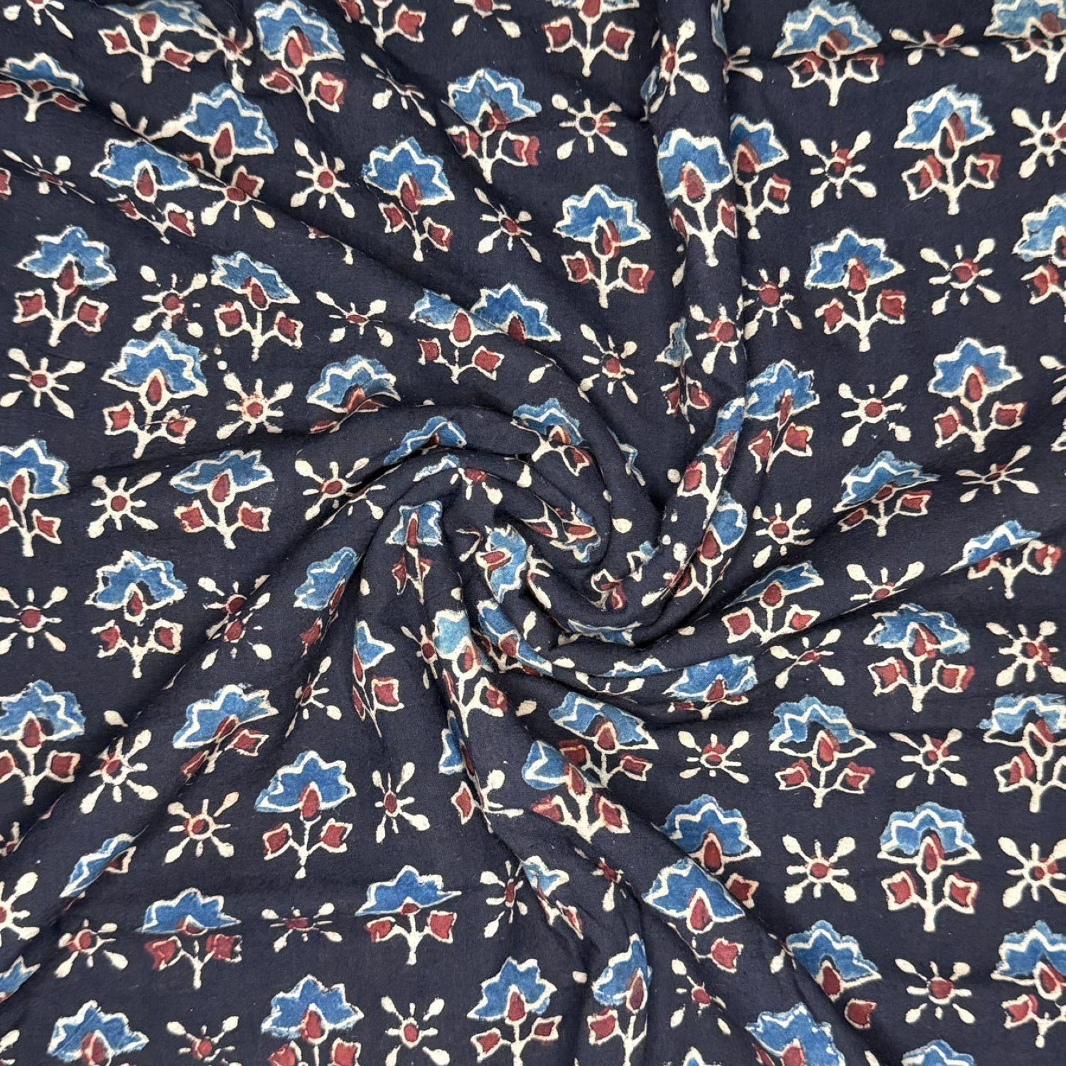 Black Floral Ajrakh Handblock Printed Cotton Fabric