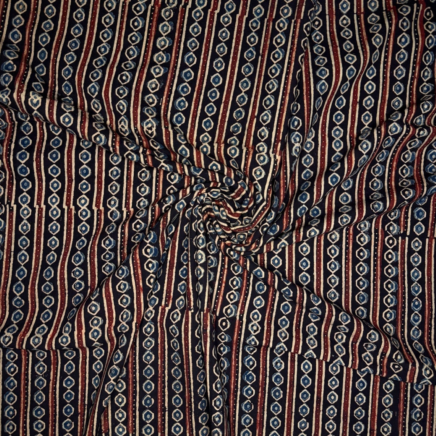 Black Stripes Ajrakh Handblock Printed Cotton Fabric