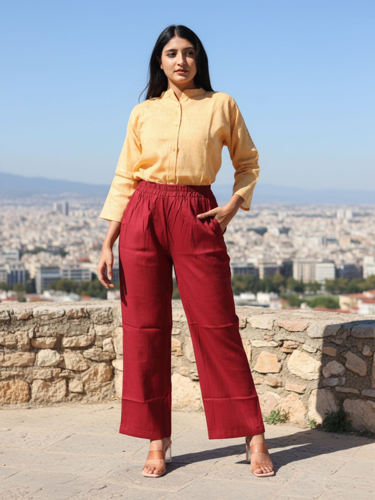 Cotton Flex Maroon Pants For Women