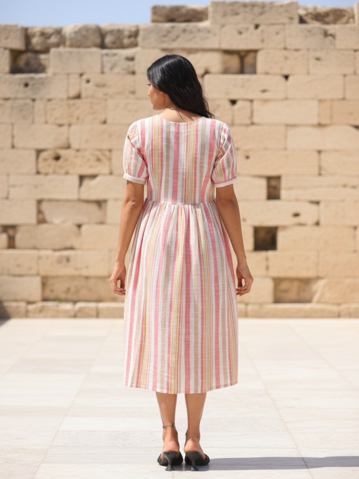 Multi Pink Striped Cotton Slub Dress