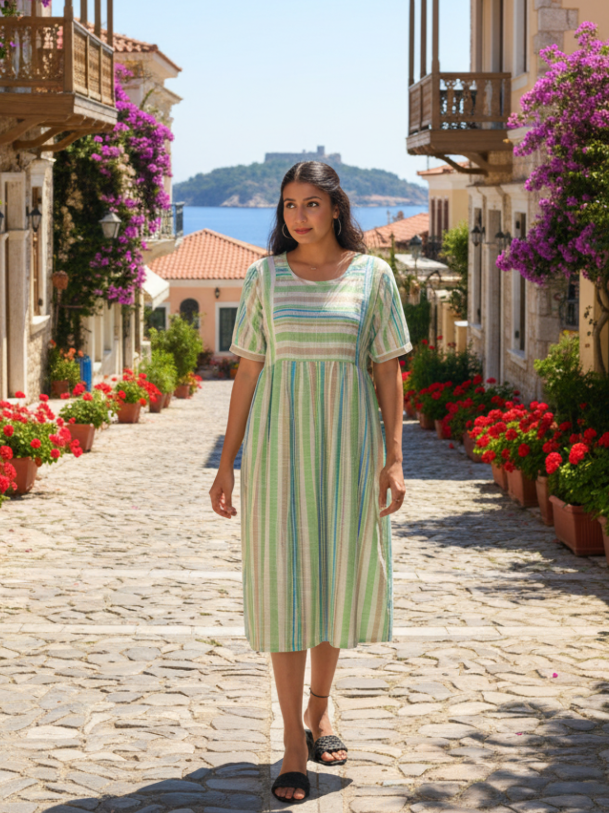 Multi Green Striped Cotton Slub Dress