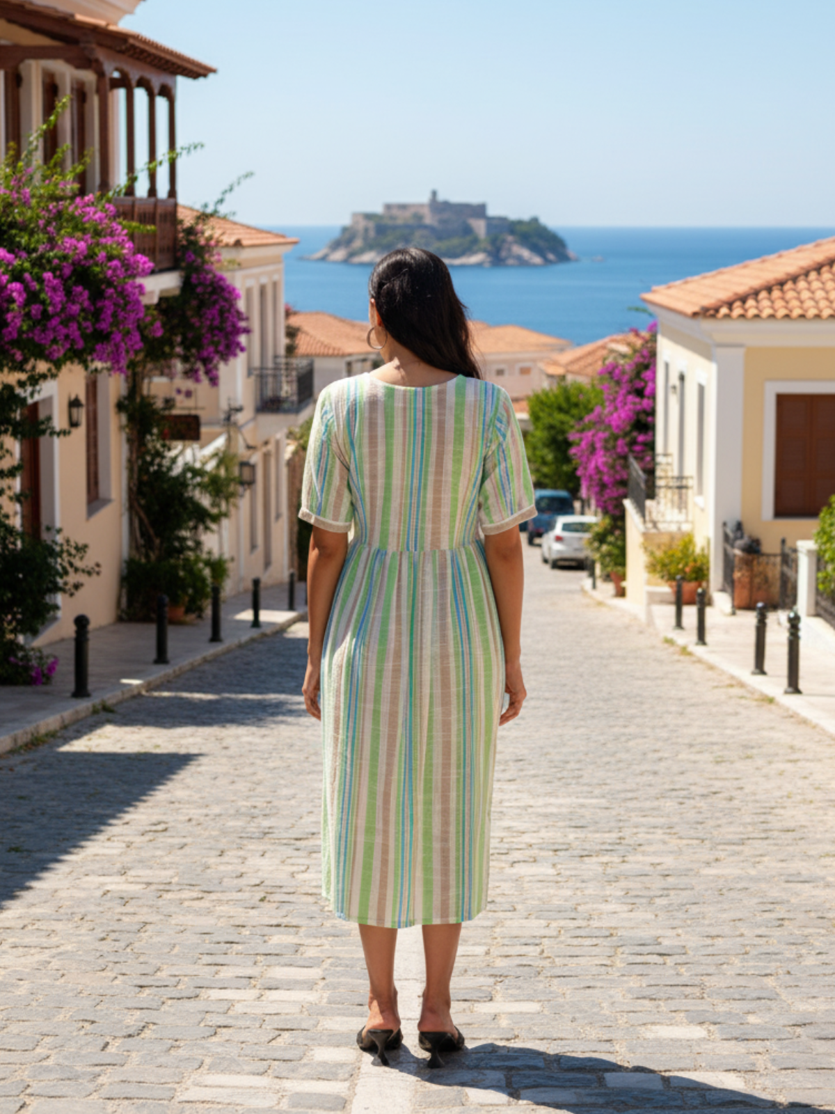 Multi Green Striped Cotton Slub Dress
