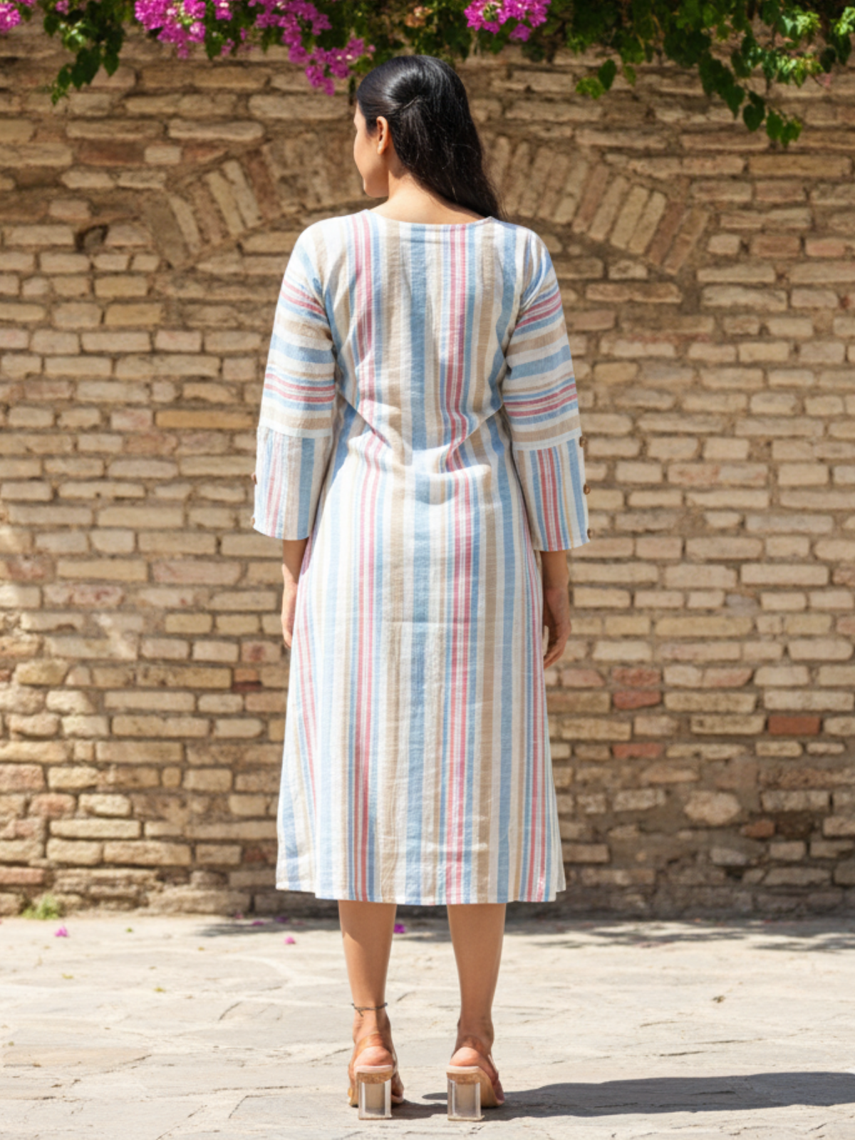Multi Blue Striped Cotton Slub Dress