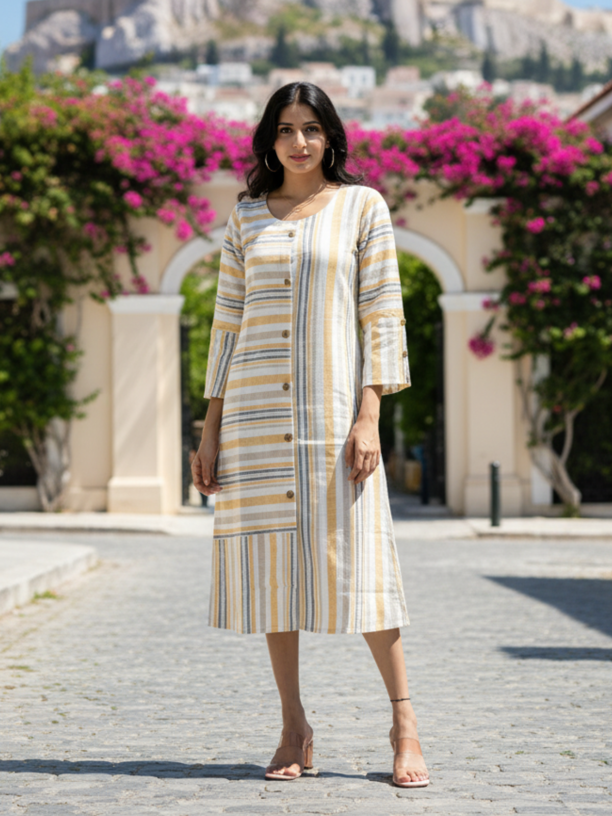Multi Yellow Striped Cotton Slub Dress