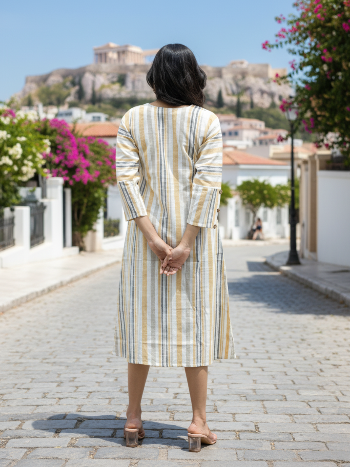 Multi Yellow Striped Cotton Slub Dress