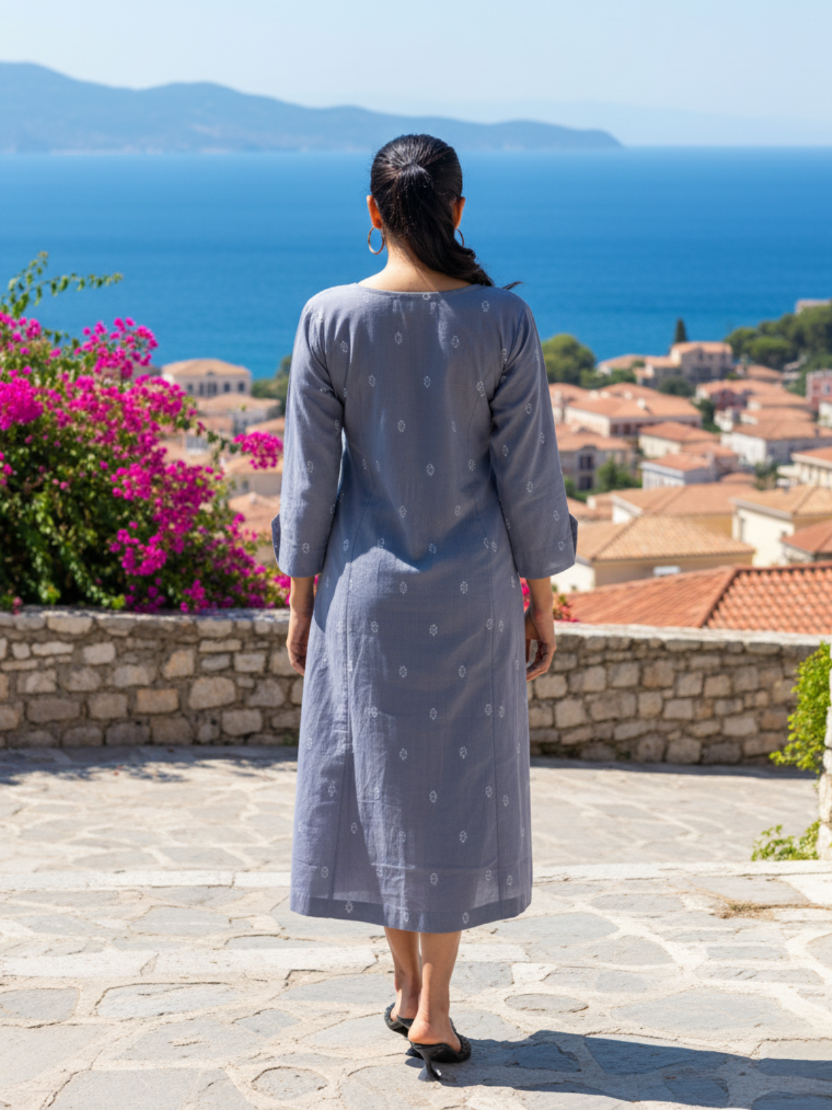 Blue Cotton Handloom Dress with White Booti & Kantha Embroidery