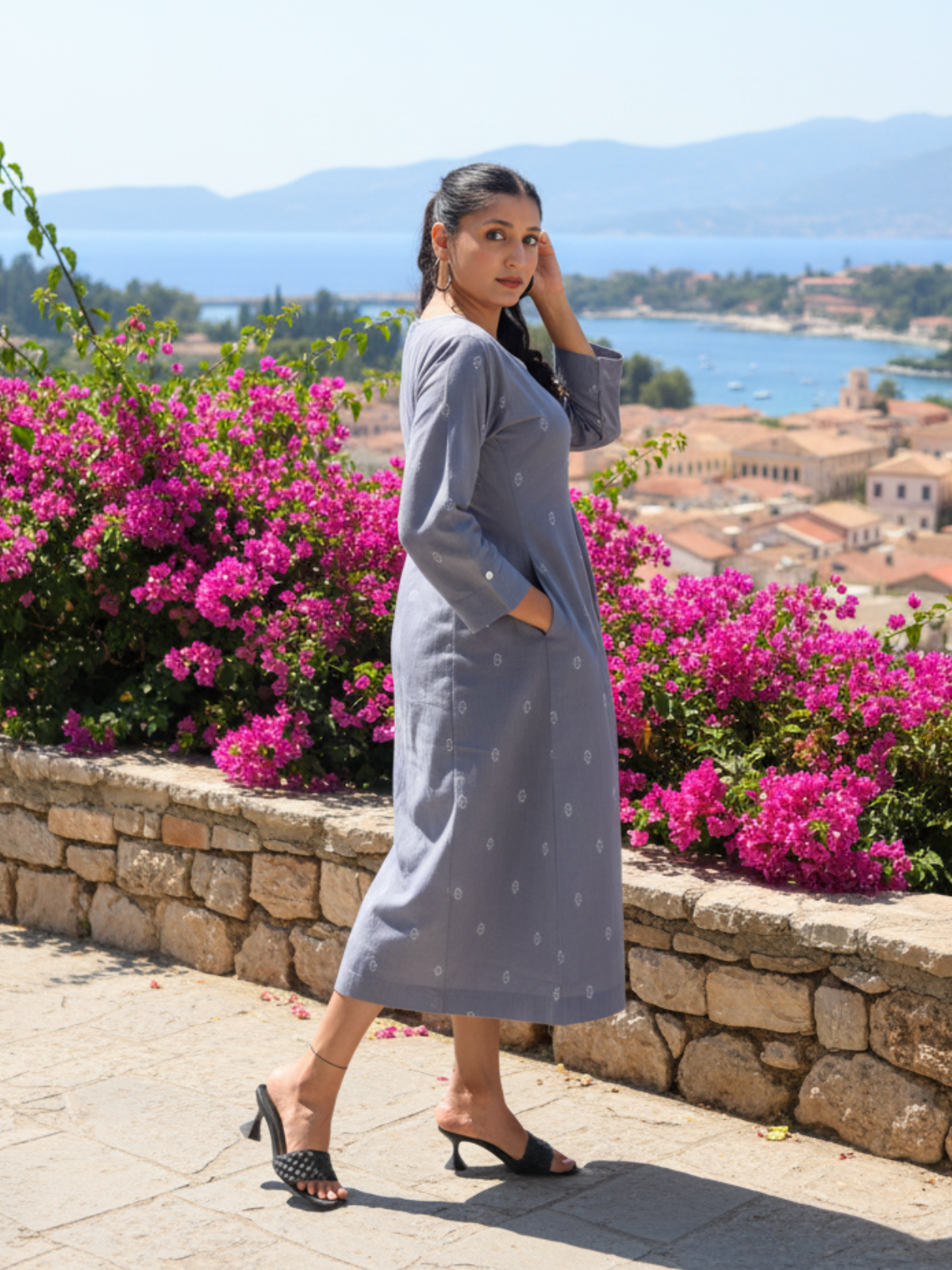 Blue Cotton Handloom Dress with White Booti & Kantha Embroidery