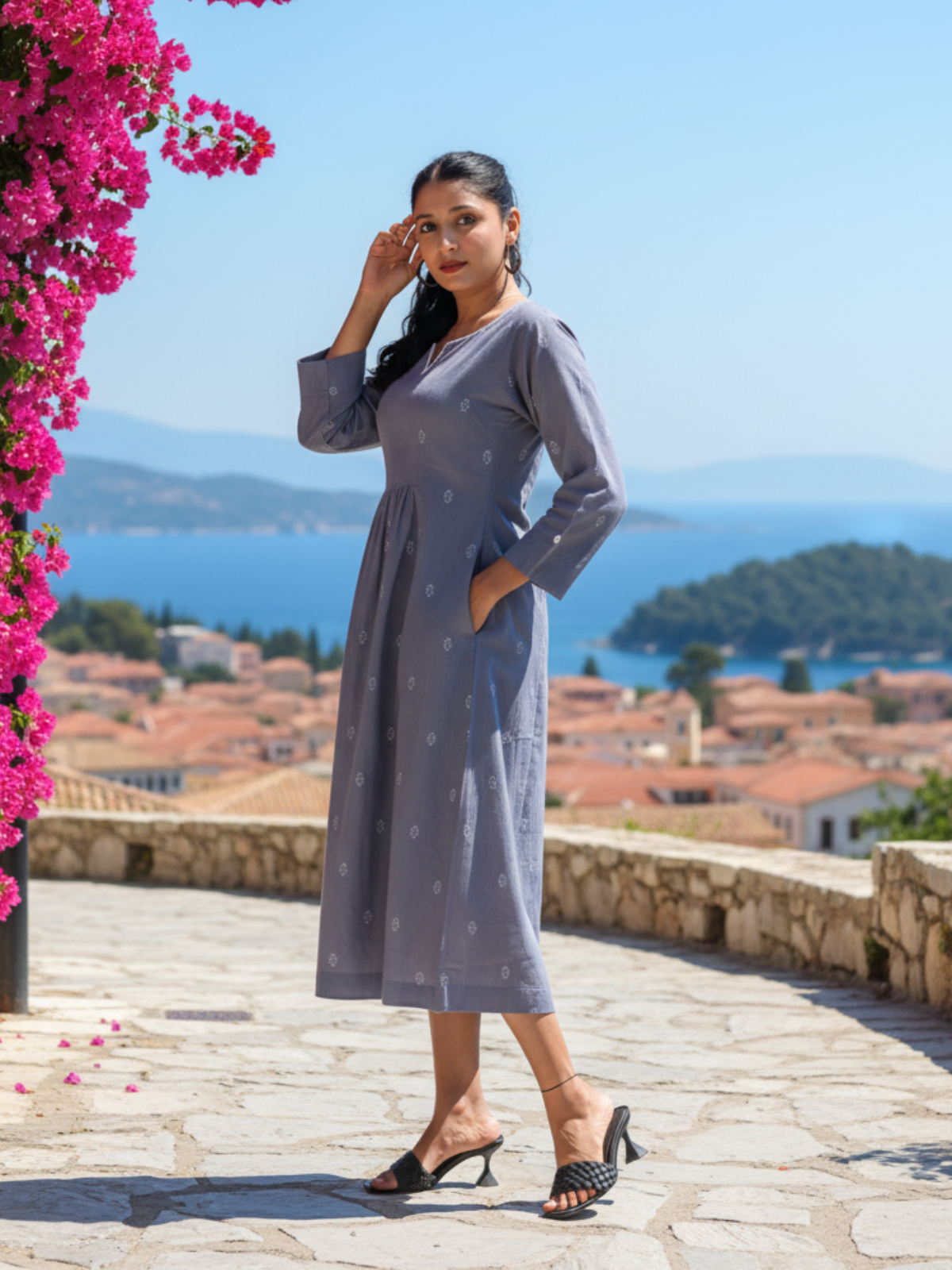 Blue Cotton Handloom Dress with White Booti & Kantha Embroidery