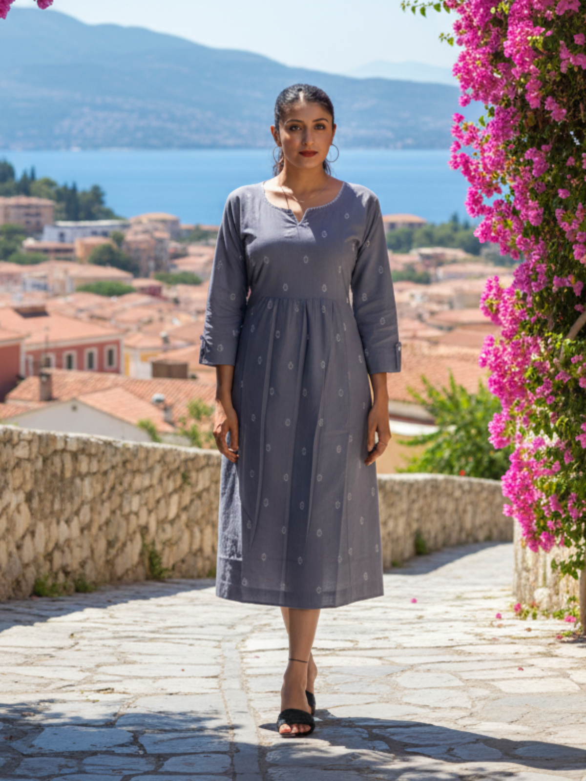 Blue Cotton Handloom Dress with White Booti & Kantha Embroidery