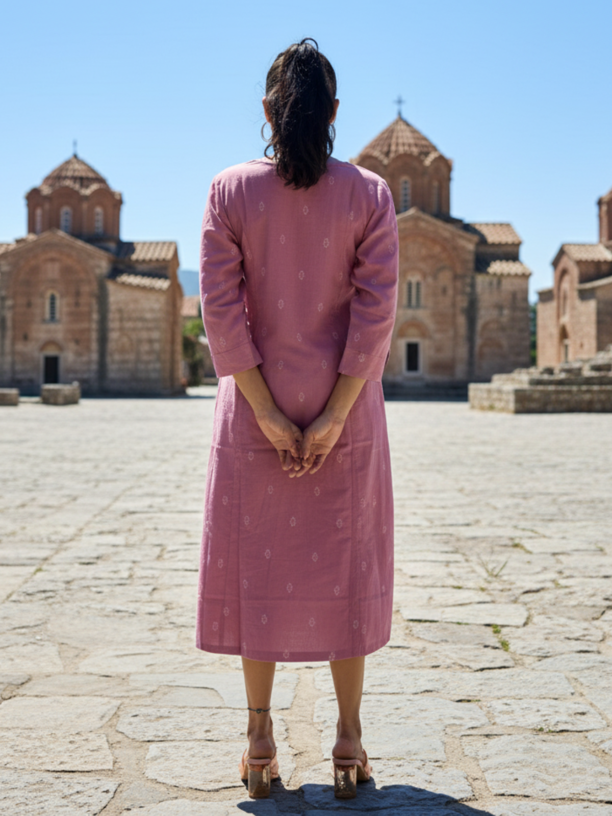 Pink Cotton Weaving Dress with White Booti & Kantha Detailing