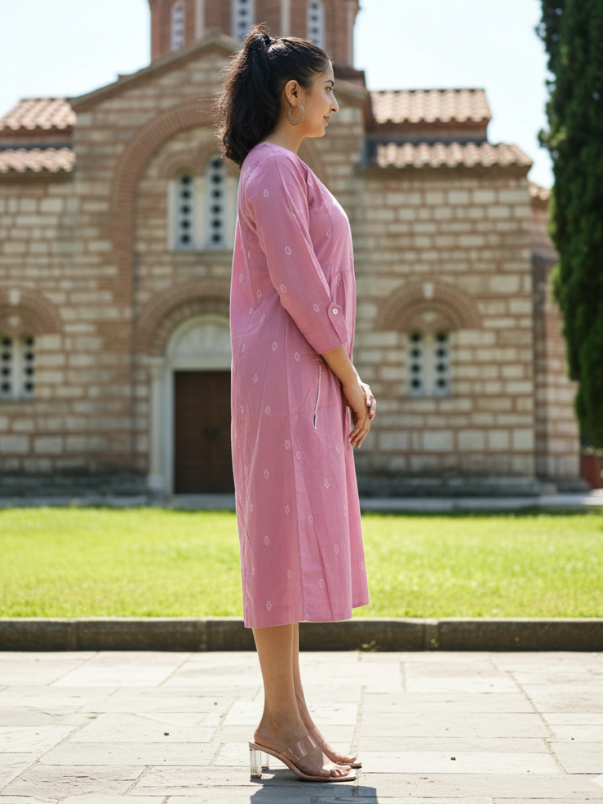 Pink Cotton Weaving Dress with White Booti & Kantha Detailing