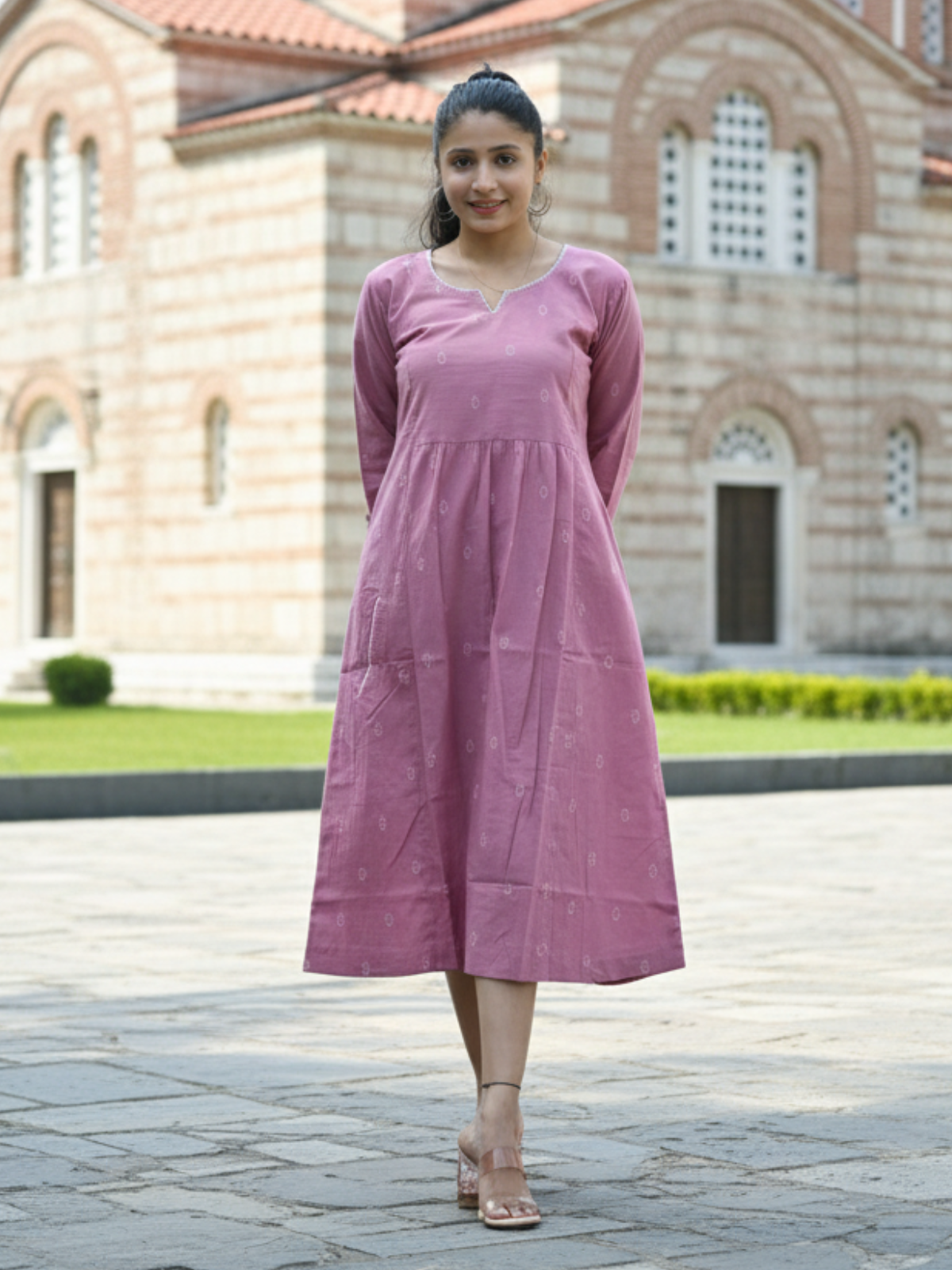 Pink Cotton Weaving Dress with White Booti & Kantha Detailing