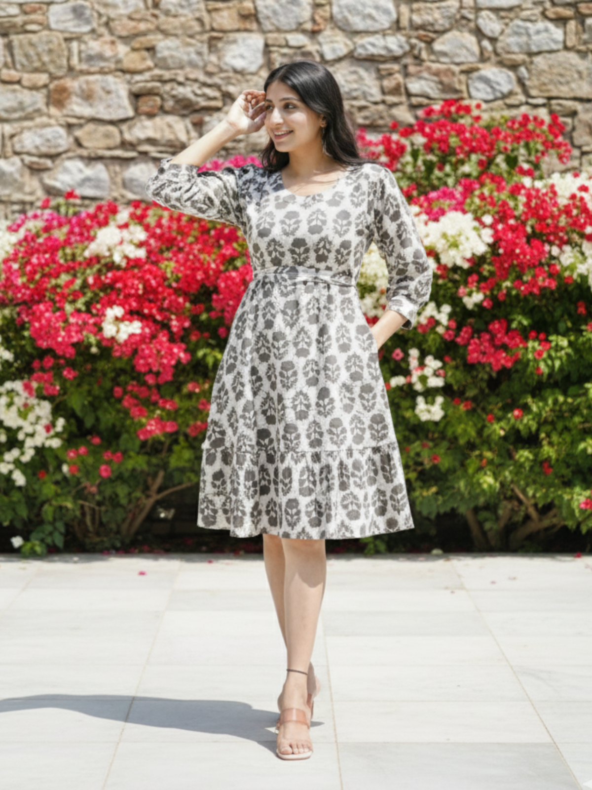 Brown Batik Print Cotton Dress with Belt & Classic Silhouette
