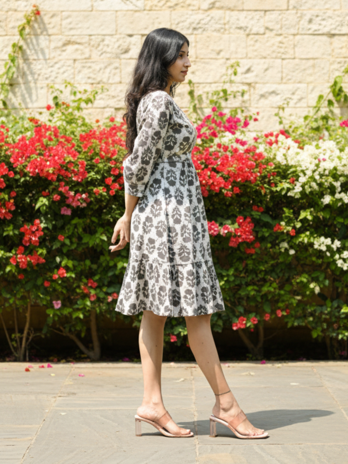 Brown Batik Print Cotton Dress with Belt & Classic Silhouette