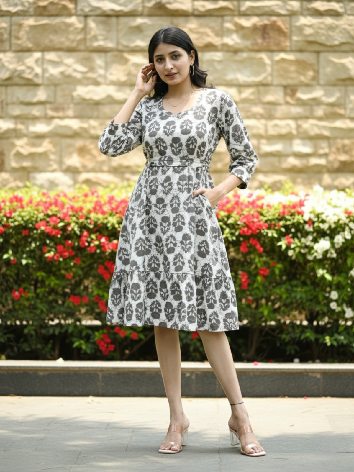 Brown Batik Print Cotton Dress with Belt & Classic Silhouette
