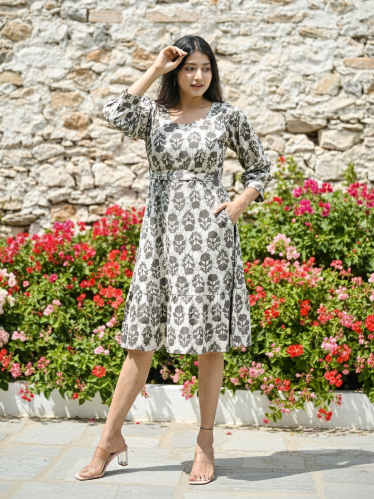 Brown Batik Print Cotton Dress with Belt & Classic Silhouette