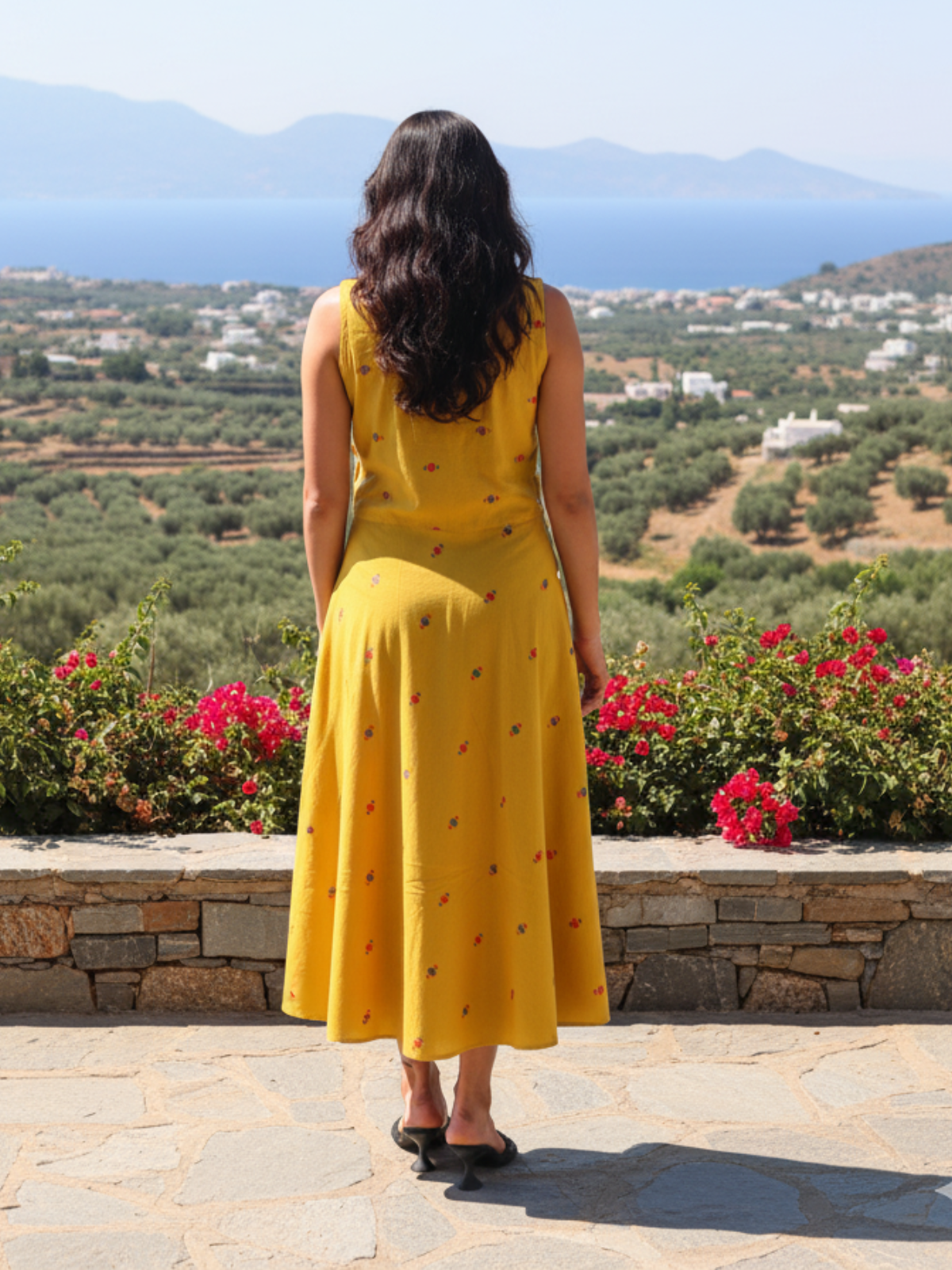 Yellow South Buti Handwoven Cotton Dress with Center Box Pleat