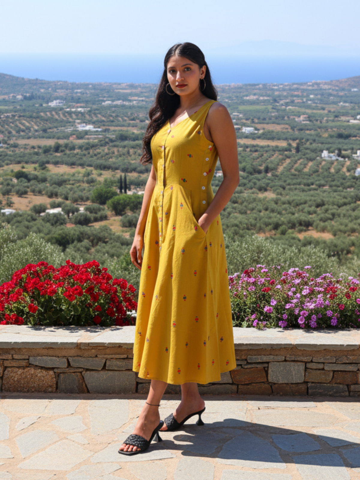 Yellow South Buti Handwoven Cotton Dress with Center Box Pleat