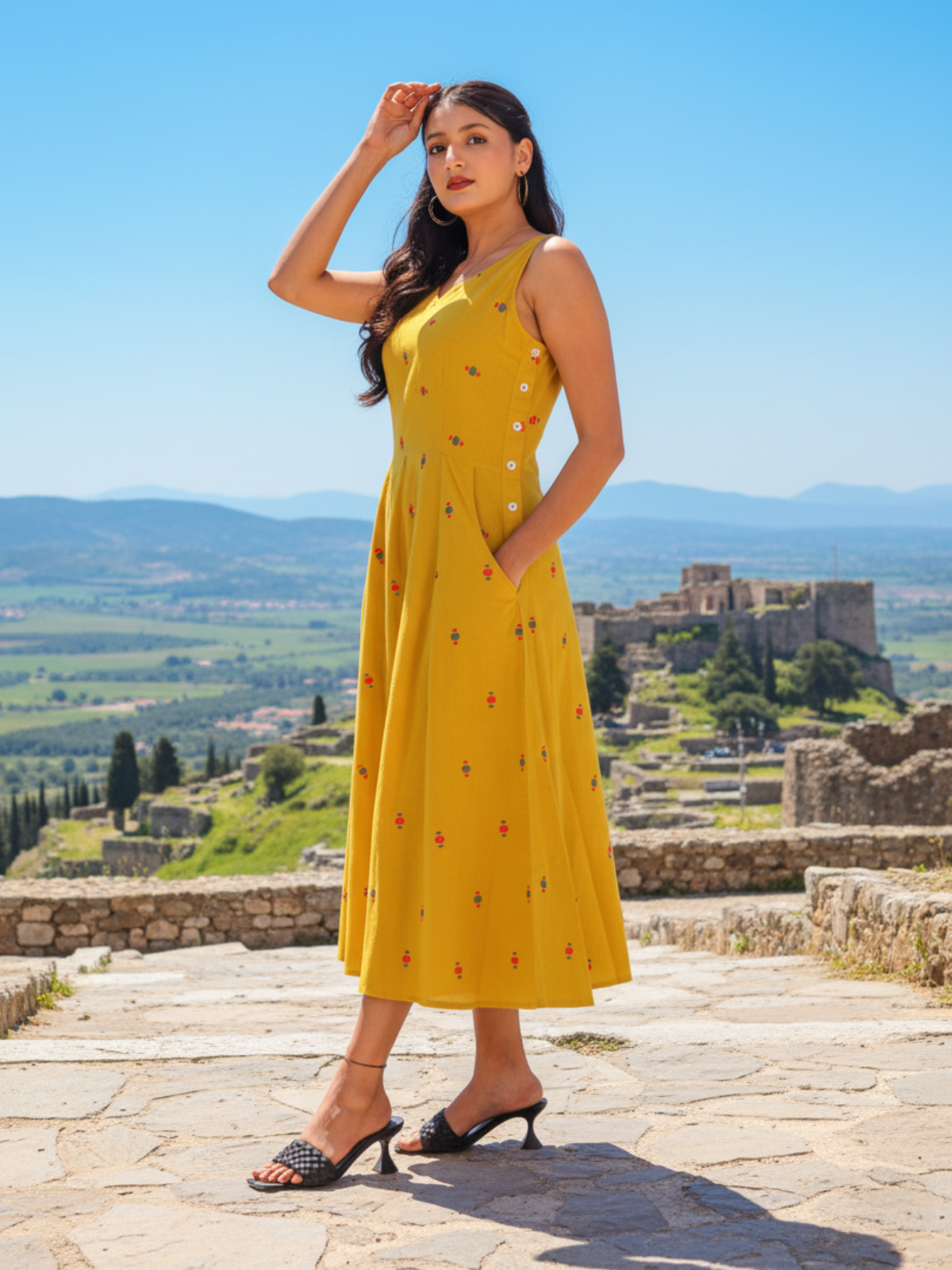 Yellow South Buti Handwoven Cotton Dress with Center Box Pleat