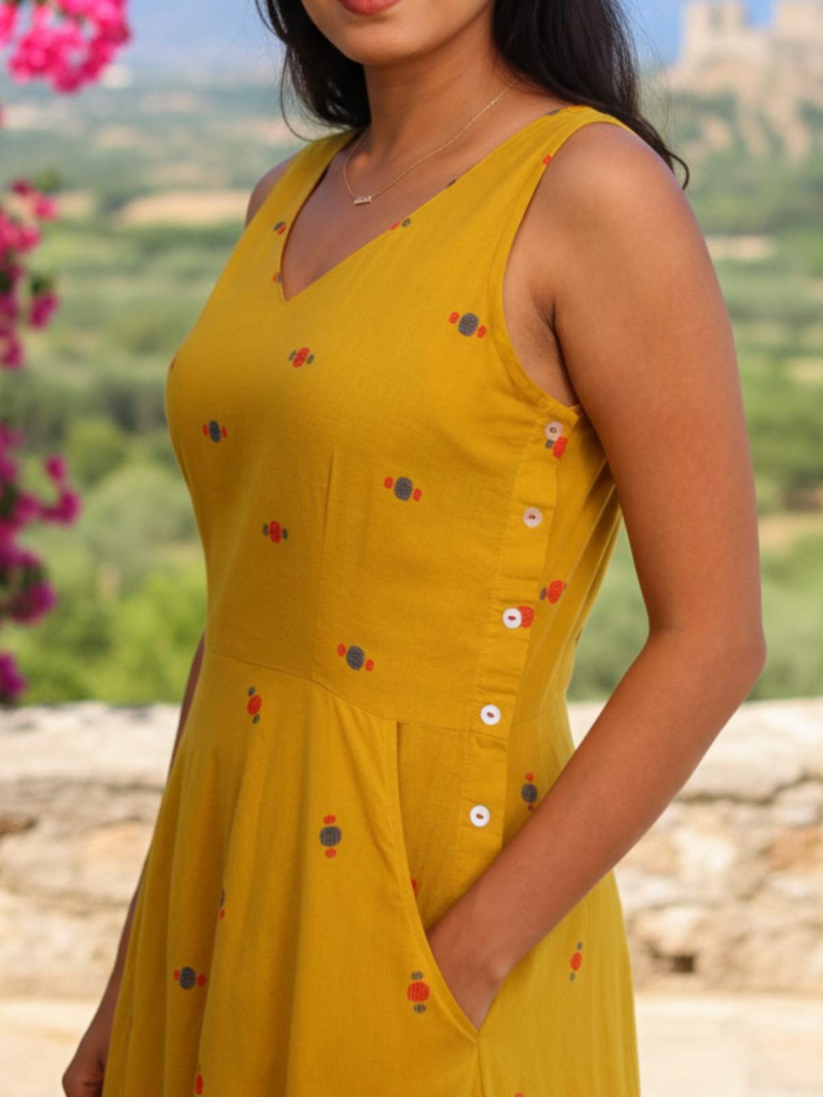 Yellow South Buti Handwoven Cotton Dress with Center Box Pleat