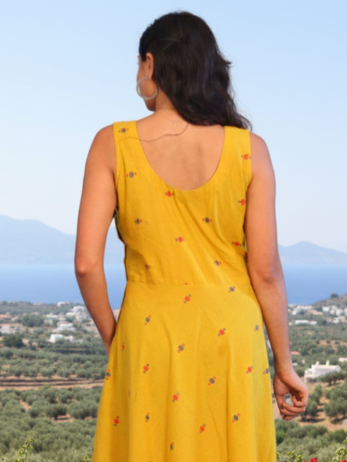 Yellow South Buti Handwoven Cotton Dress with Center Box Pleat