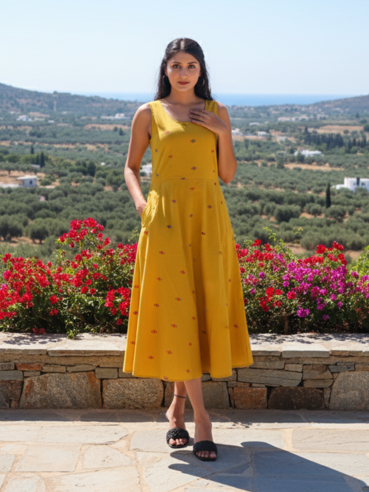 Yellow South Buti Handwoven Cotton Dress with Center Box Pleat
