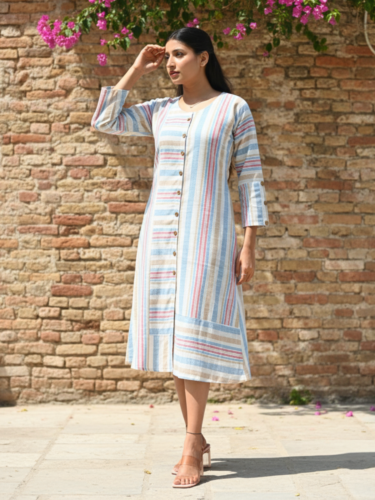 Multi Blue Striped Cotton Slub Dress