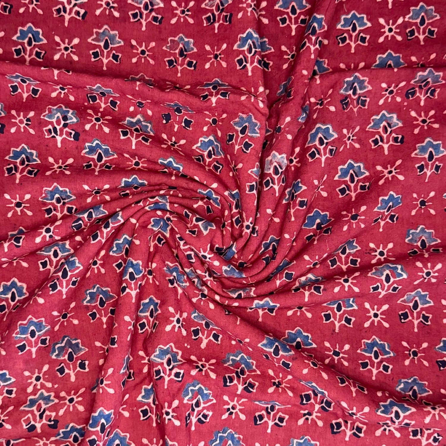 Red Floral Ajrakh Handblock Printed Cotton Fabric
