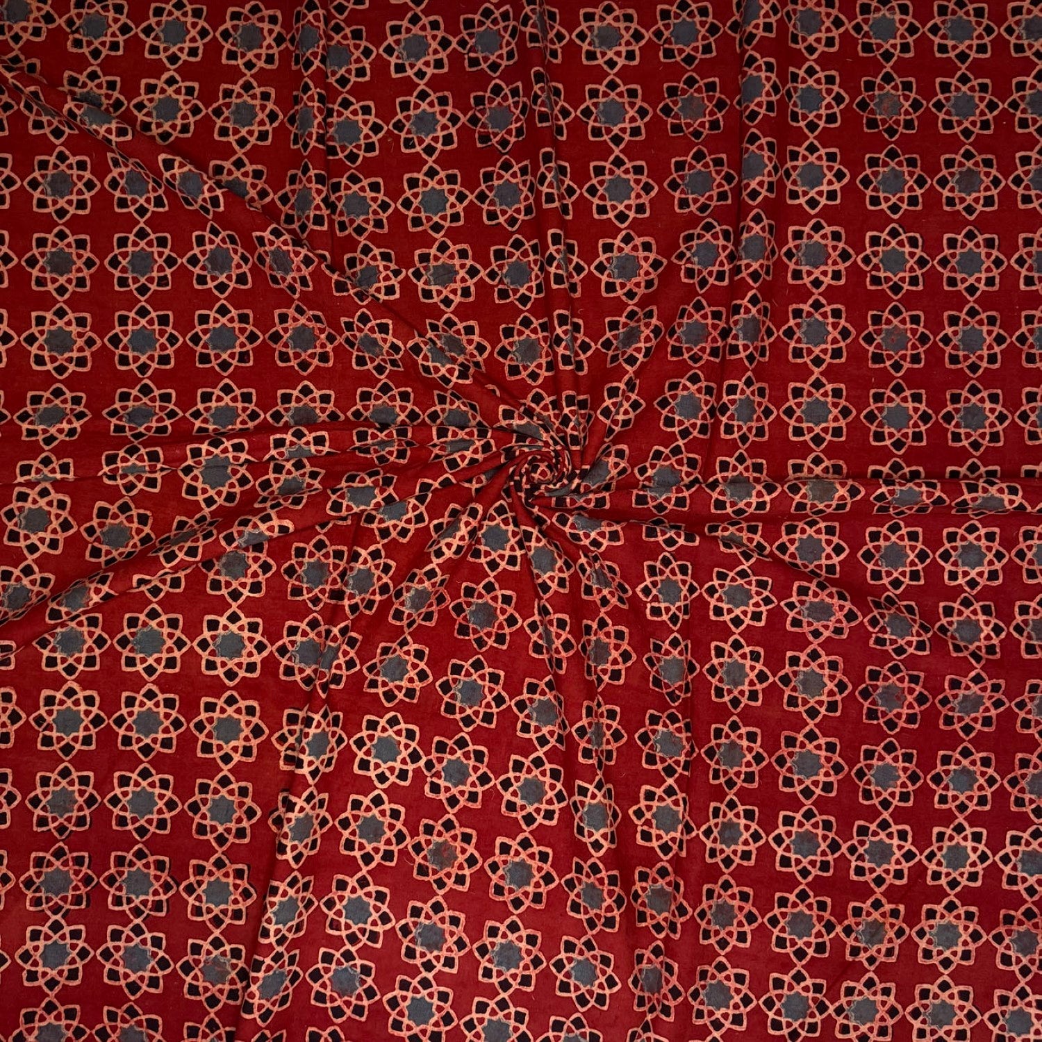 Red Star Abstract Ajrakh Handblock Printed Cotton Fabric