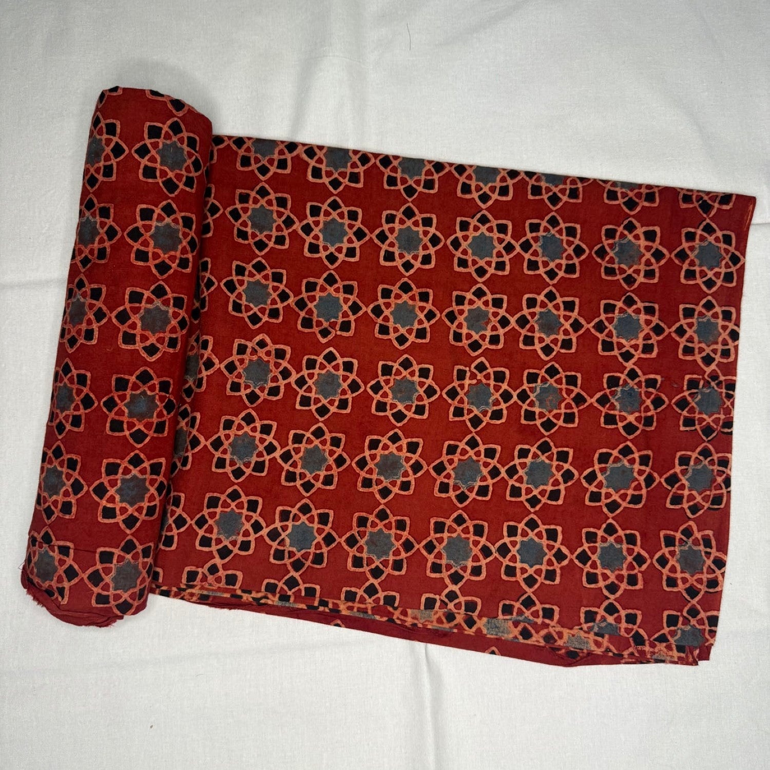 Red Star Abstract Ajrakh Handblock Printed Cotton Fabric