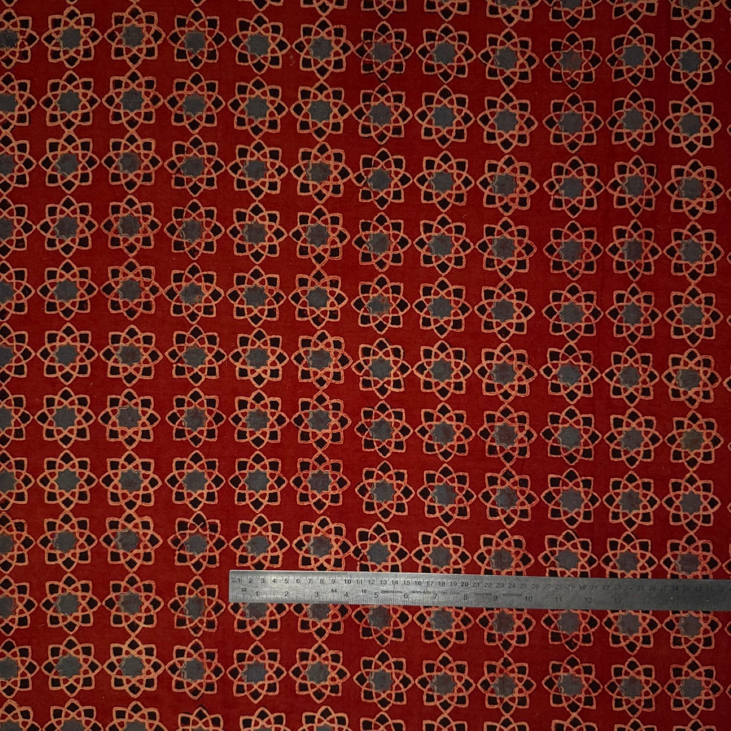 Red Star Abstract Ajrakh Handblock Printed Cotton Fabric