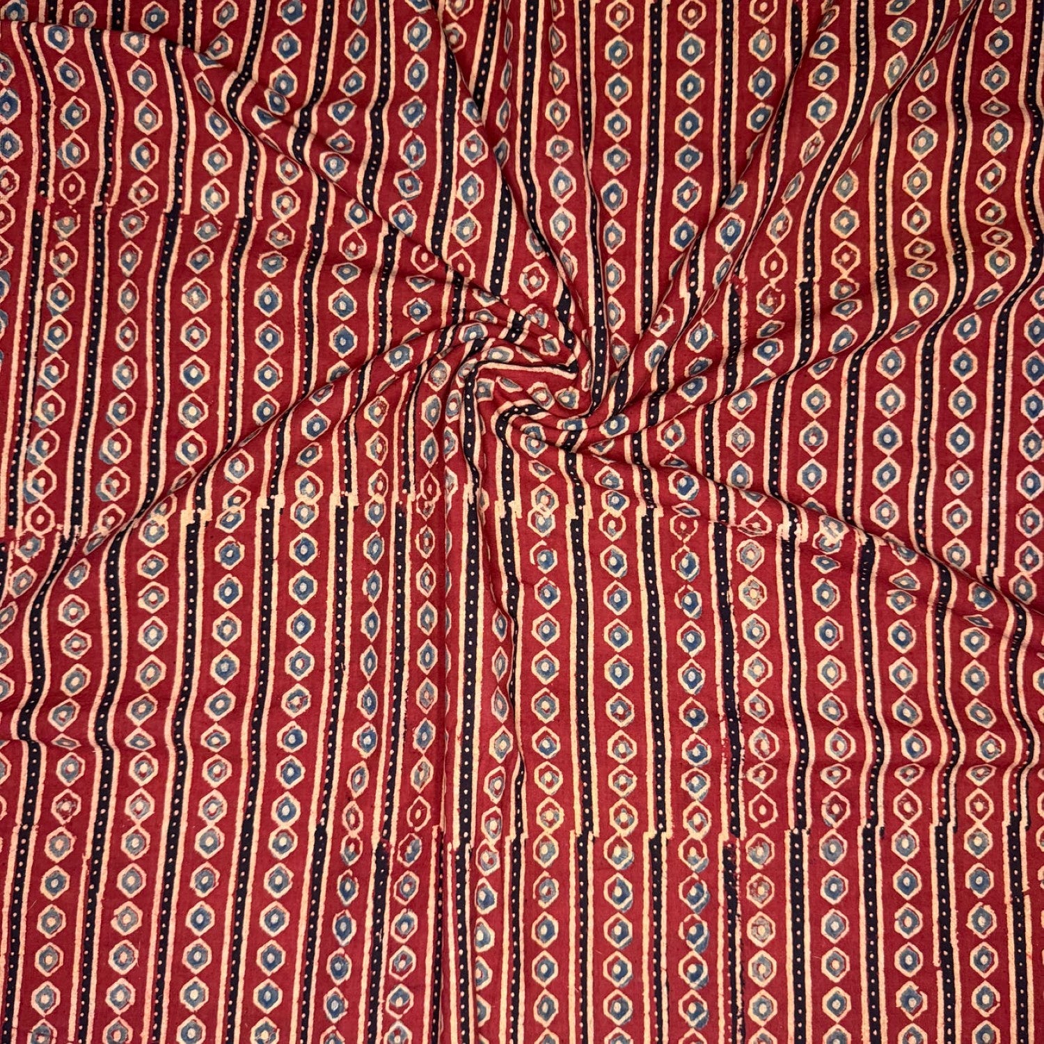 Red Stripes Ajrakh Handblock Printed Cotton Fabric