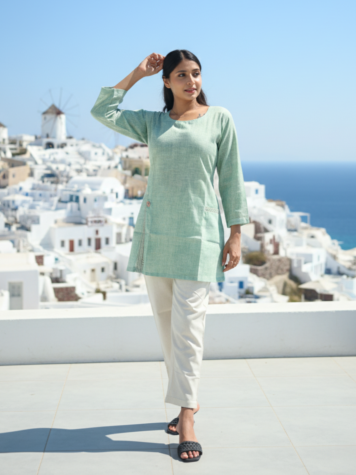 Linen Flex Green Short Kurti for Women
