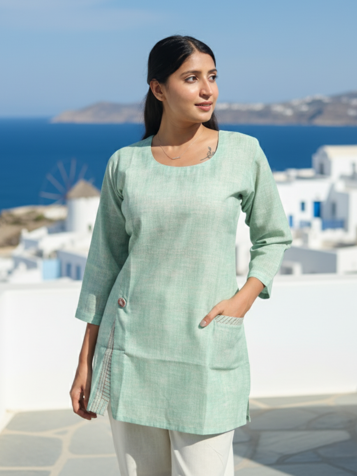 Linen Flex Green Short Kurti for Women