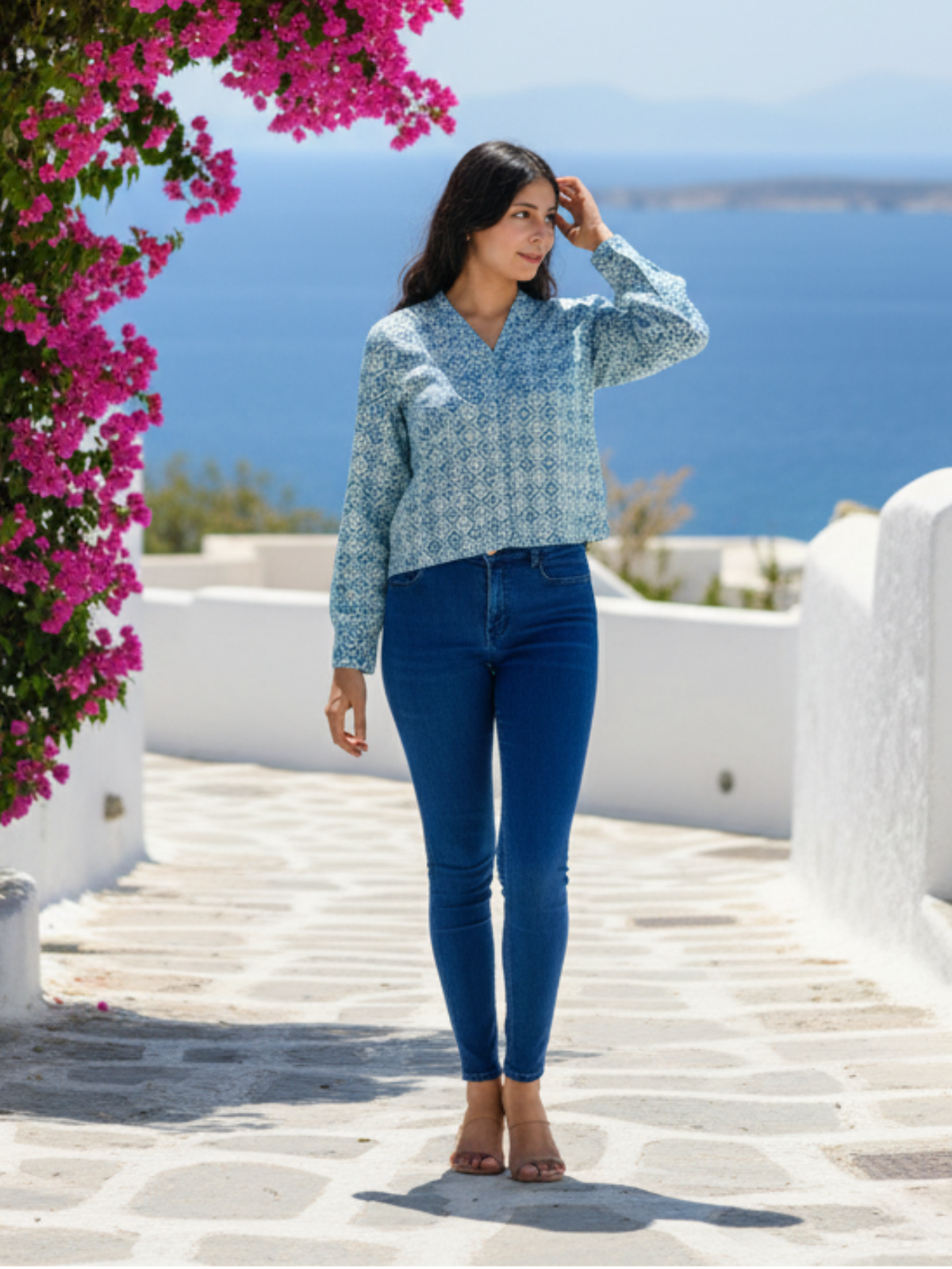 Blue Batik Print Cotton Satin Short Shirt