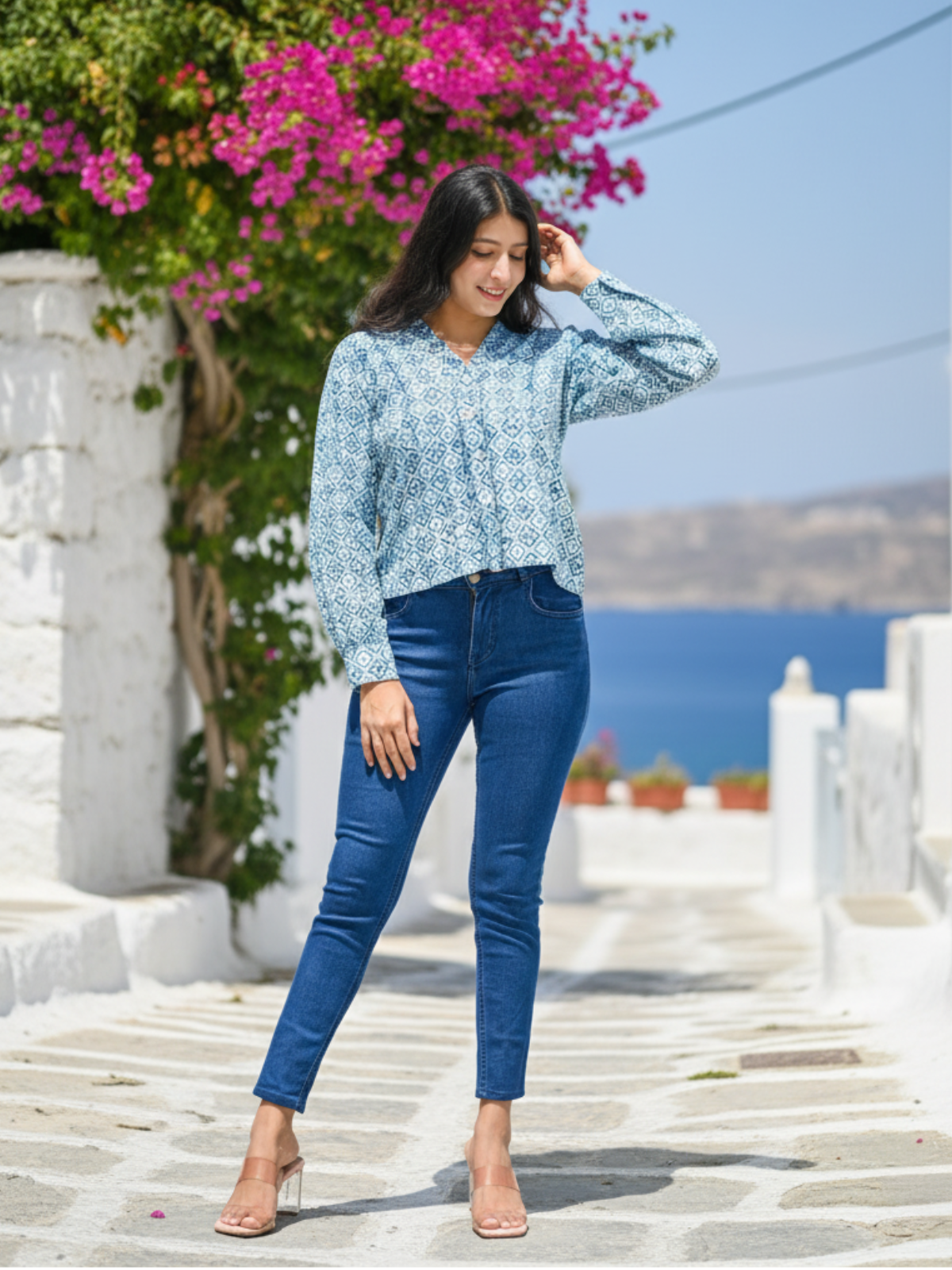 Blue Batik Print Cotton Satin Short Shirt